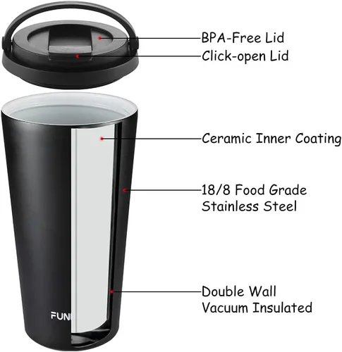 Miniatura 5 de Funkrin Taza de café aislada con revestimiento de cerámica, taza de café helado de 16 onzas con tapa abatible y asa, taza de viaje a prueba de fugas