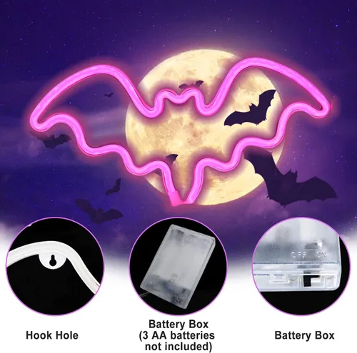 Miniatura 3 de Letrero de neón de murciélago de Halloween, decoración de Halloween, letrero de neón LED para decoración de pared, funciona con pilas para fiesta