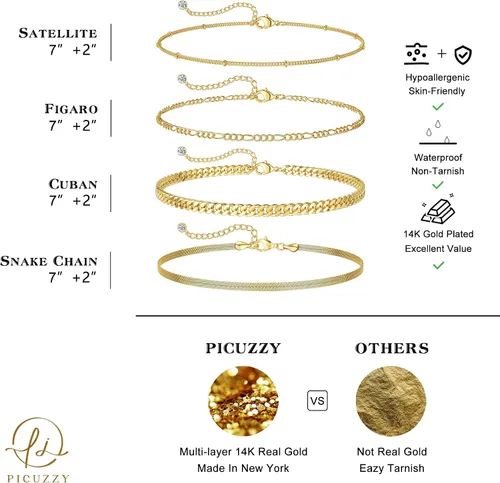 Miniatura 3 de Picuzzy Pulseras de oro para mujer, de oro real de 14 quilates, apilables, impermeables, juego de joyas para mujer, a la moda, delicadas, bonitas