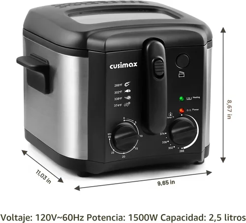 Miniatura 8 de CUSIMAX Freidora Eléctrica Profunda para Uso Doméstico, Freidora Profunda Pequeña de 2.5 Litros 1500W con Cesta, Temperatura y Tiempo Ajustables