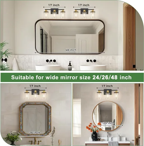 Miniatura 3 de DORESshop Lámparas de baño, 3 luces negras y doradas para baño sobre espejo con pantalla de vidrio transparente, luces de tocador para baño, Negro