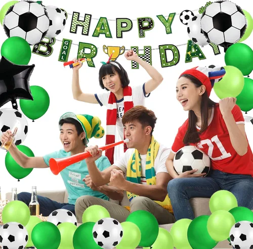 Miniatura 6 de Decoraciones de fiesta de cumpleaños número 10 para niños, decoraciones de fiesta de cumpleaños de fútbol, pancarta de feliz cumpleaños, suministros