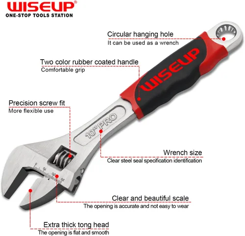 Miniatura 4 de WISEUP - Juego de llaves ajustables de 8 pulgadas y 10 pulgadas Cr-V forjadas, herramientas manuales de grado industrial con empuñadura