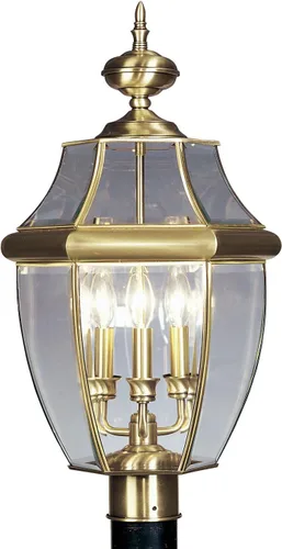 Livex Lighting 2354-01 Monterey - Cabezal de poste de latón macizo con acabado de latón antiguo para exteriores, 3 luces con vidrio biselado