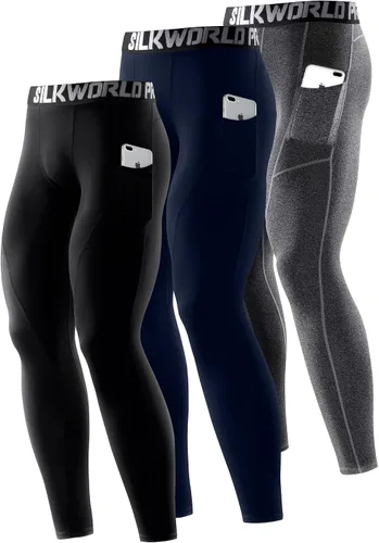 Miniatura 43 de SILKWORLD Paquete de 1 a 3 pantalones de compresión para hombre, con bolsillos, leggings de gimnasio y secado fresco