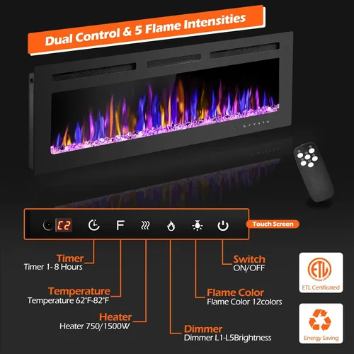 Miniatura 2 de BETELNUT Chimenea eléctrica de 50 pulgadas montada en la pared y empotrada con control remoto, calentador de chimenea de pared ultrafino de 750/1500