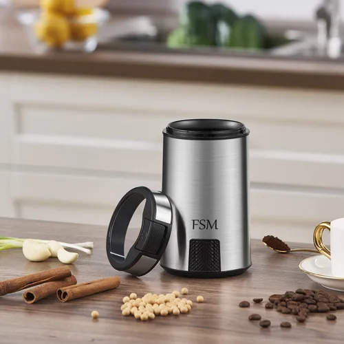 Miniatura 7 de FSM Molinillo de café eléctrico y molinillo de especias con sistema de bloqueo de seguridad, acero inoxidable con tapa transparente y base