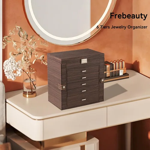 Miniatura 2 de Frebeauty Joyero grande, organizador de joyas de piel sintética de 6 niveles, estuche de almacenamiento multifuncional con espejo, soporte