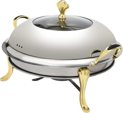 Miniatura 5 de Plato redondo para rozar, de acero inoxidable, para bufé, 2.5 L, calentadores de bufé con soporte de combustible (9.4 in dorado)