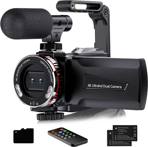 Videocámara digital 4K, cámara dual de 64MP UHD Vlogging para YouTube, zoom digital 21X, cámara de vlog con micrófono externo, estabilizador,