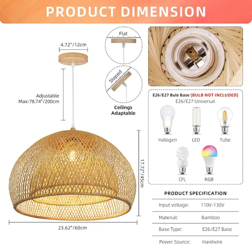 Miniatura 6 de Arturesthome Lámpara colgante de bambú de tejido de 23.6 pulgadas para isla de cocina, candelabro de mimbre, lámpara de techo colgante tejida a mano