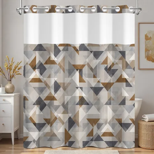 No Hook Geometric Shower Curtain with Snap in Liner - 71″W x 74″L Waterproof Fabric with Mesh Top Window, Modern Abstract Triangle Design Bath