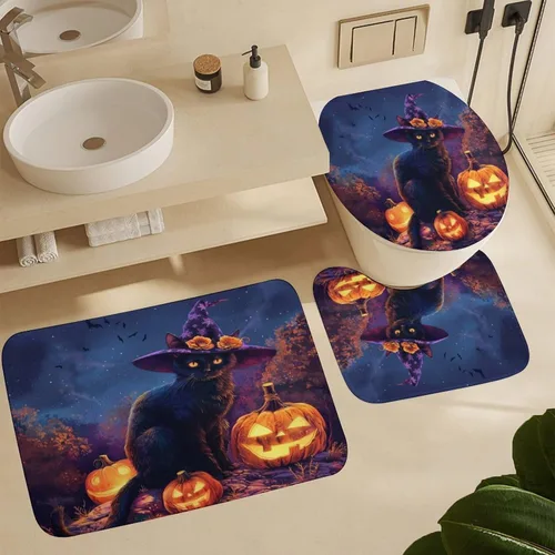 Miniatura 6 de Juego de 4 cortinas de ducha divertidas con diseño de gato, calabaza, luna, con alfombras, tapa de inodoro y tapete de baño, farol de Halloween