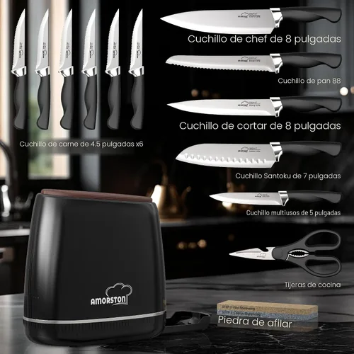 Miniatura 2 de Amorston - Juego de cuchillos de cocina de 14 piezas con bloque y piedra de afilar, acero inoxidable apto para lavavajillas, juego de bloques
