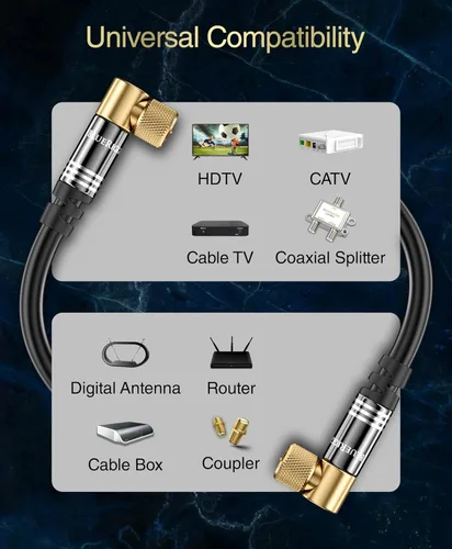 Miniatura 4 de Cable coaxial BlueRigger RG6 (1.5 pies, conector de 90° a conector de 90° con pin, chapado en oro, triple blindaje) – Cable coaxial de audio y video