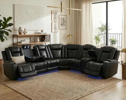 Miniatura 7 de Breathing Leather Sectional Sofa with Dual Power Recliner, 6 Seater L Shaped Reclining Couch for Living Room, Sectional Couch with Reading Lamp/USB