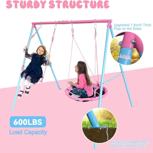 Miniatura 4 de JYGOPLA Juego de columpios para niños de 2 asientos con capacidad de 440lbs para el patio trasero, 1 columpio de árbol de platillo de 32 pulgadas, 1