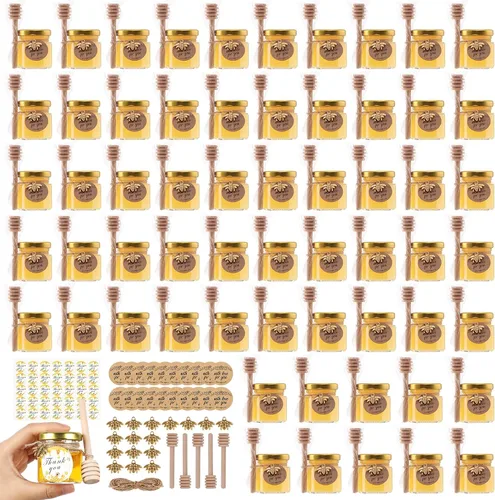 Mini tarros de miel de 1.5 onzas – Paquete de 60 tarros hexagonales de vidrio con varitas de miel de madera, tapas doradas, colgantes de abeja,