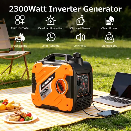 Miniatura 2 de Genkins Generador inversor portátil de 2300 vatios ultra silencioso a gas, listo para vehículos recreativos, cumple con CARB y EPA, envío a los 50