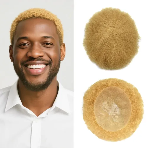 Miniatura 11 de Unidades de cabello afro para hombre, tupé, meave, afro tupé para hombre, sistema de reemplazo de cabello humano rizado, postizo de 0.787 in, 1#