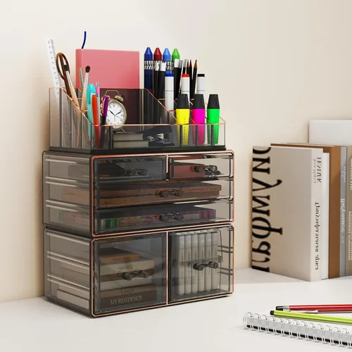 Miniatura 8 de Delamu Organizador de maquillaje de 3 niveles y 6 cajones para encimera, organizador de cosméticos para tocador y tocador, organizador de baño, Negro