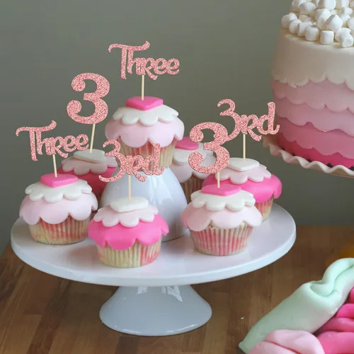 Miniatura 4 de 24 unidades de adornos para cupcakes con purpurina, 3 adornos para cupcakes, púas para cupcakes de 3er cumpleaños, adornos para pastel de baby Oro