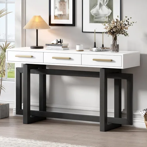 Miniatura 12 de Mesa de entrada de 59.1 pulgadas con chapa de pino, única mesa consola de diseño triple rectangular con patas gruesas de madera de pino, mesa