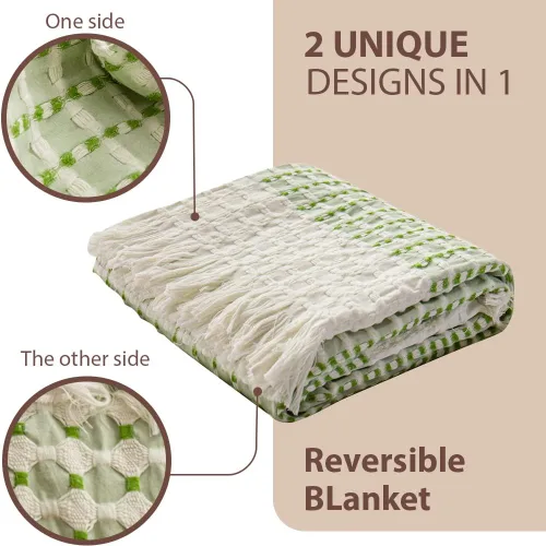 Miniatura 2 de Simple&Opulence Manta de 100 % algodón para cama, sofá, tejido jacquard de hilo teñido con borlas, suave, ligera, acogedora, transpirable, Verde