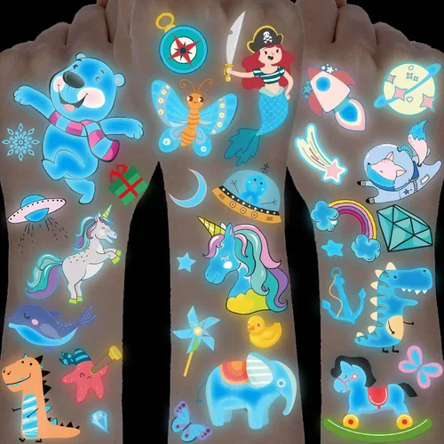 20 hojas de tatuajes temporales luminosos azules de dibujos animados para niños y niñas, dinosaurio 3D unicornio que brilla en la oscuridad, tatuaje