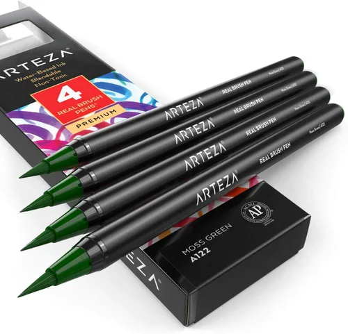 Miniatura 64 de Arteza Bolígrafos de pincel real, A174 gris delfín, paquete de 4, bolígrafos de acuarela con puntas de pincel de nailon, suministros de arte