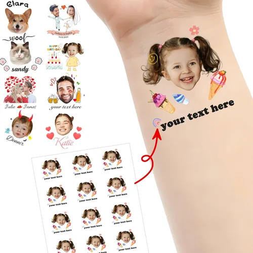 Tatuajes personalizados temporales personalizados temporales con nombre, logotipo, foto facial para adultos, boda, cumpleaños, San Valentín,