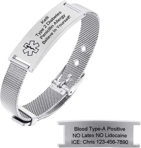 Pulseras personalizadas de alerta médica para hombres, mujeres y niños, grabado gratuito, malla de acero inoxidable ajustable, pulsera de