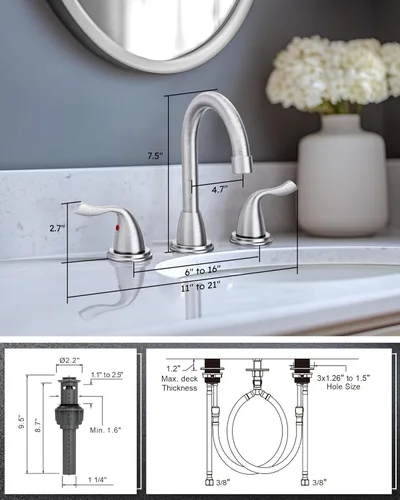 Miniatura 7 de Llave de Lavabo de Baño de 3 Agujeros de Níquel Cepillado, ARCORA - Grifo de Baño de 8 Pulgadas de Extensión, Llave de Baño de 2 Manijas con Drenaje