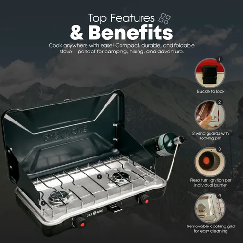 Miniatura 3 de GasOne - Estufa portátil de campamento – Estufa de propano doble con encendido automático de giro – 22,000 BTU con 2 quemadores y protector contra