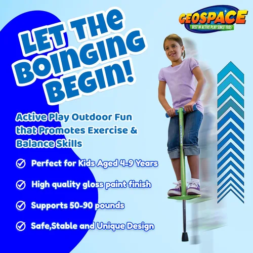 Miniatura 3 de Geospace Jumparoo BOING! JR. Steel POGO STICK by Air Kicks, pequeño para niños de 50 a 90 libras, diversión activa al aire libre que promueve