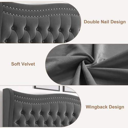 Miniatura 7 de Estructura de cama Full con cabecera y pie de cama altos, estructura de cama plataforma tapizada en terciopelo con respaldo tipo alas acolchado