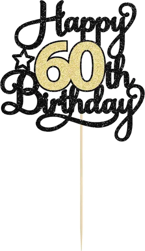 Miniatura 3 de 1 Pieza Feliz Cumpleaños 60 Decoración Superior para Pastel Negro Dorado con Purpurina Brindis por 60 Años Palillo para Pastel de Cumpleaños 60