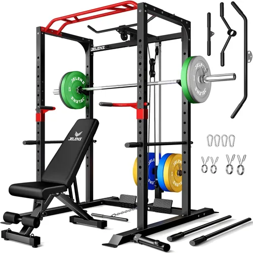 Miniatura 19 de Jaula de potencia JELENS, banco multifunción S11 con capacidad de 2000LBS, barra para sentadillas con sistema de poleas ajustable y más accesorios