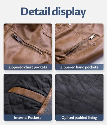 Miniatura 7 de CREATMO US Chaqueta de piel sintética para hombre, impermeable, resistente al viento, PU con capucha extraíble