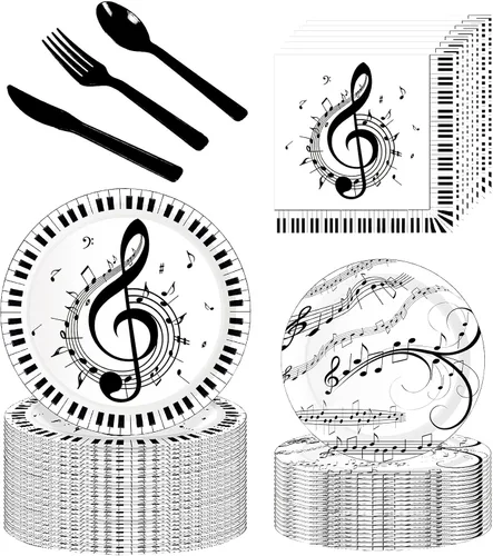 Notas musicales para fiesta, 150 piezas, juego de vajilla para fiesta musical, incluye platos de notas musicales de 9 y 7 pulgadas, platos y Set de