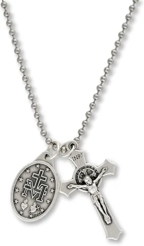 Caritas et Fides Collar católico con crucifijo de San Benito y medalla milagrosa, hipoalergénico en cadena de bola de 24 pulgadas, collar católico