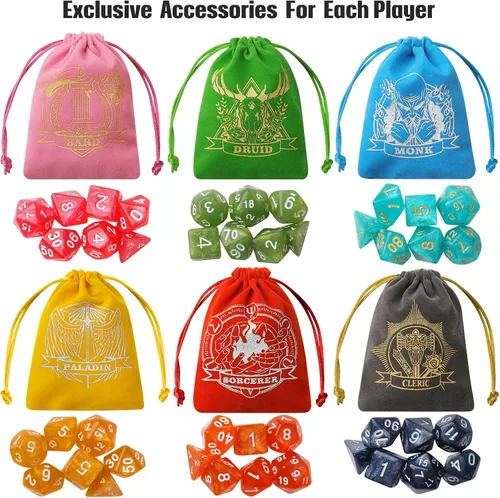 Miniatura 2 de Juego de dados Grajar D&D con fundas para dados con patrón de personajes, juego de 42 piezas de dados poliédricos, bandeja de PU de cuero
