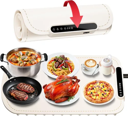 Tapete de calentamiento para alimentos, bandeja de calentamiento eléctrico de calentamiento rápido mejorada con 7 niveles de temperatura y 8