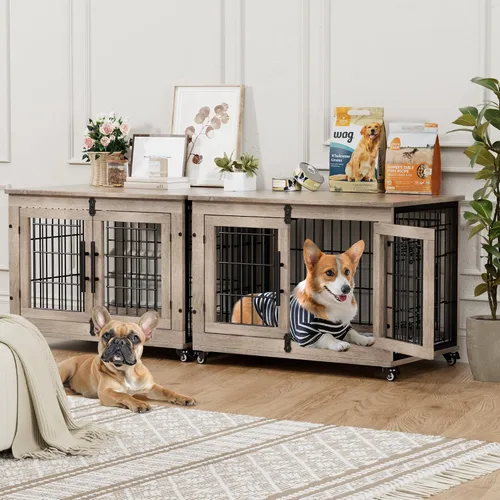 Miniatura 15 de YaFiti Mueble de jaula para perros con cojín, perrera de madera para interiores con puertas dobles, jaula para perros con ruedas, mesa auxiliar