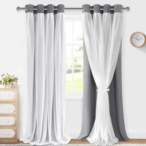 Miniatura 13 de XWZO Cortinas 100% opacas de doble capa para guardería, cortinas opacas con superposición transparente para dormitorio de niñas, cortinas