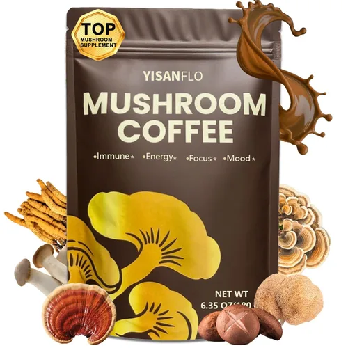 Café de hongos, 6 hongos superalimentos y aceite MCT, 6.35 oz de café orgánico de hongos instantáneo para energía, concentración, apoyo inmunológico