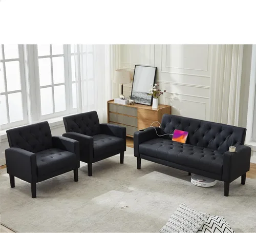 Miniatura 20 de TYBOATLE Sofá loveseat de 62" de ancho con 2 puertos de cargador USB y 2 portavasos, sofá de amor pequeño tapizado de cuero negro estilo moderno