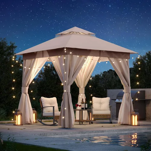 LAUSAINT HOME 8'x8' Outdoor Gazebo, Metal Frame Heavy Duty Patio Canopy Tent Shelter with Double Roofs, Mosquito Nettings and Privacy Screens for