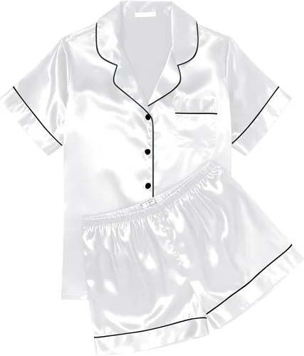 Miniatura 33 de Ekouaer Conjunto de pijama de satén de seda para mujer, suave, de manga corta, con botones, ropa para dormir, camiseta y pantalones cortos, juego