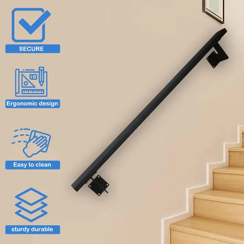Miniatura 3 de RECTOO Barandilla moderna de 4 pies – Kit completo. Revestimiento de polvo negro de hierro galvanizado negro con 2 soportes de pared para escaleras